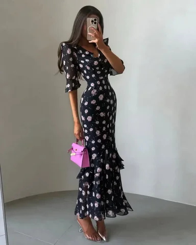 Черное полиэстеровое платье-русалка с цветочным принтом  для женщин 2026
