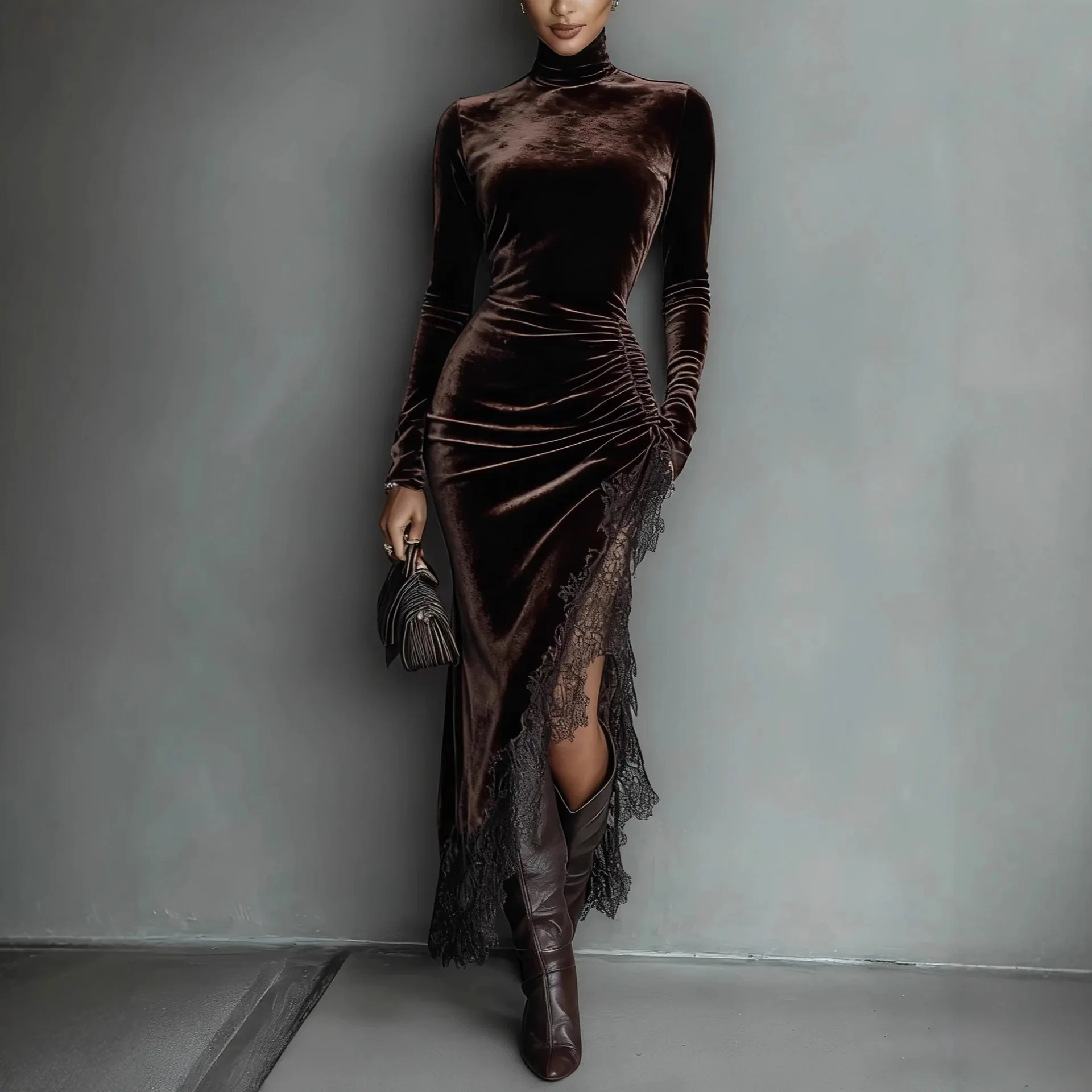 

2026 Women's Clothing Spring Summer High Collar Velvet Long Dress Silm Pleated Dress Backless