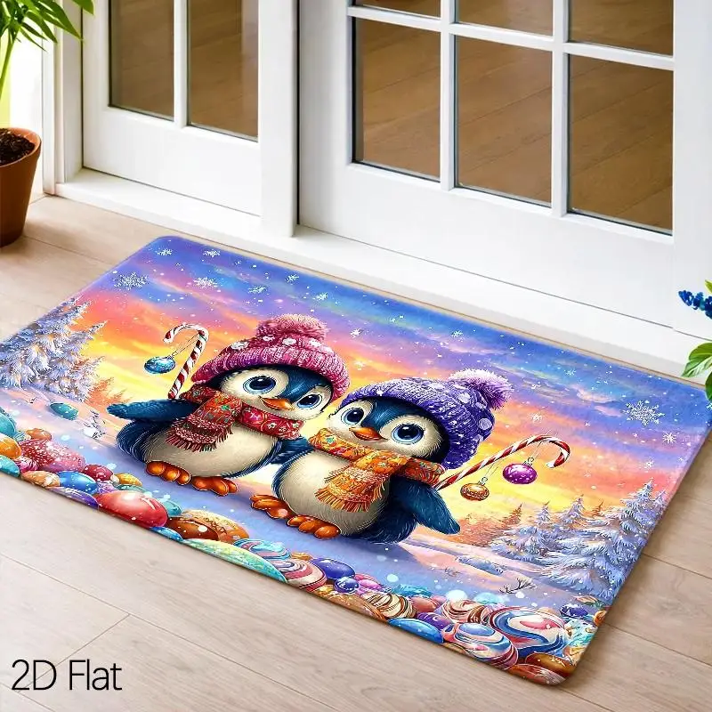 Cute Winter Penguin Christmas Door Mat Snow Scenery Print Non-Slip Entrance Rug Home Floor Decor Carpet