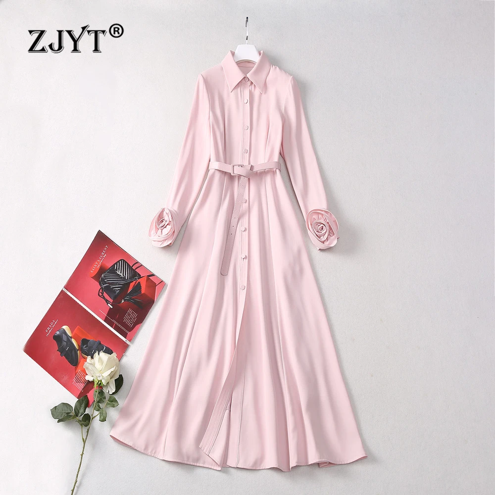 

ZJYT Runway Fashion Autumn 3D Floral Sleeves Midi Dresses for Women 2024 Elegant Single Breasted Pink Party Dress Vestidos Lady