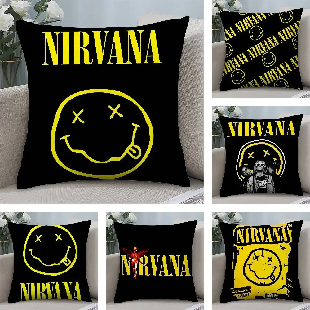 Band Smile-N-NirvanaeS-S Pillow Case Square Double‑Sided Print Cushion Case For Sofa Home Bedchamber Decor Gift
