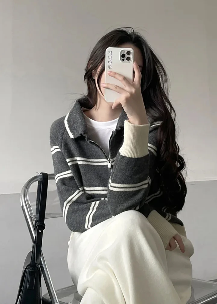 Korean Style Lazy Striped Zipper Color Block Long Sleeve Women's Soft Sweater Autumn Winter New Design Knitted Shirt