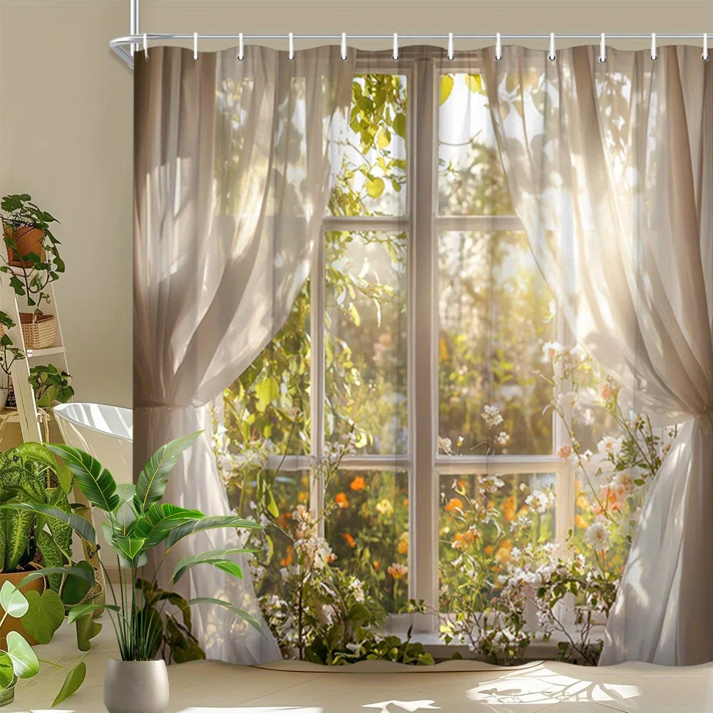 1pc Sunny Window Shower Curtain - Serene Garden View with White Frame, Flowing Polyester Fabric, 179.83x179.83 cm, Machine Washa