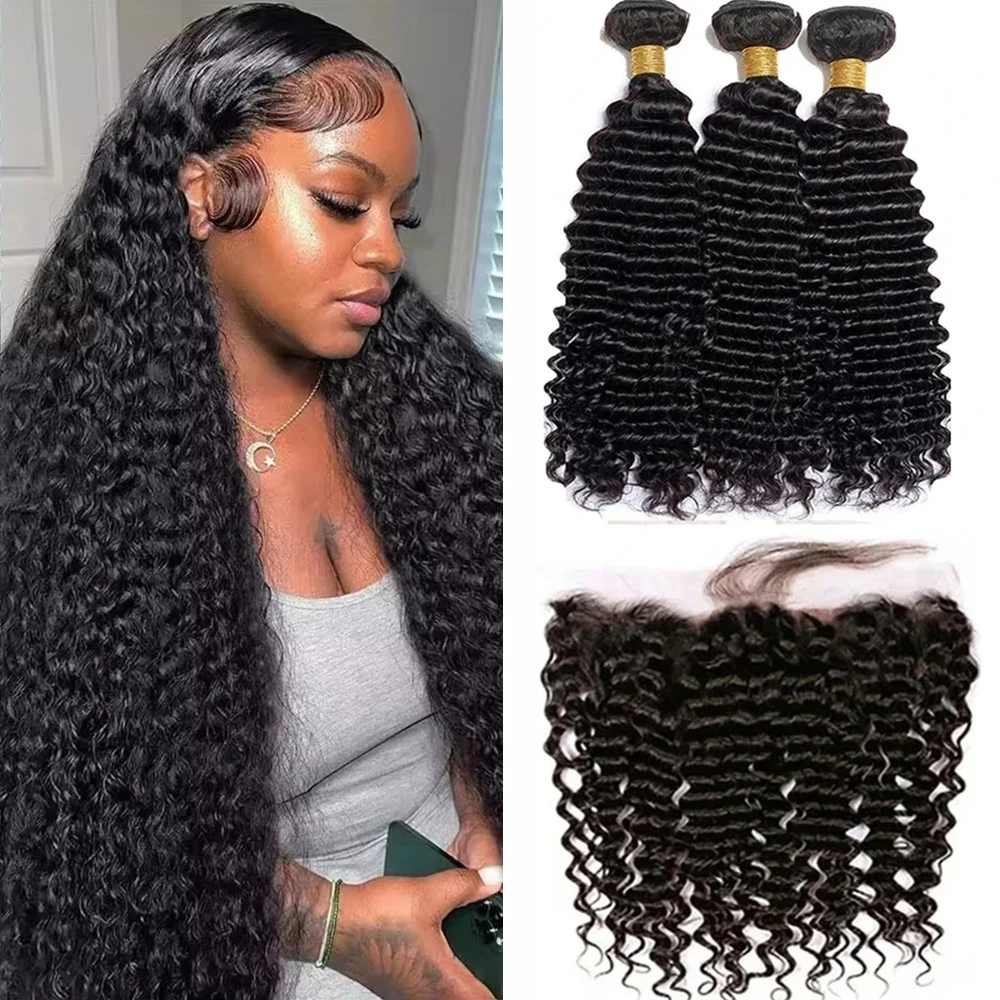 

28 30 32 Inches Deep Wave Bundles With Frontal 13x4 HD Lace Brazilian Remy Hair Bundles for Black Women Lace Closure With Bundle