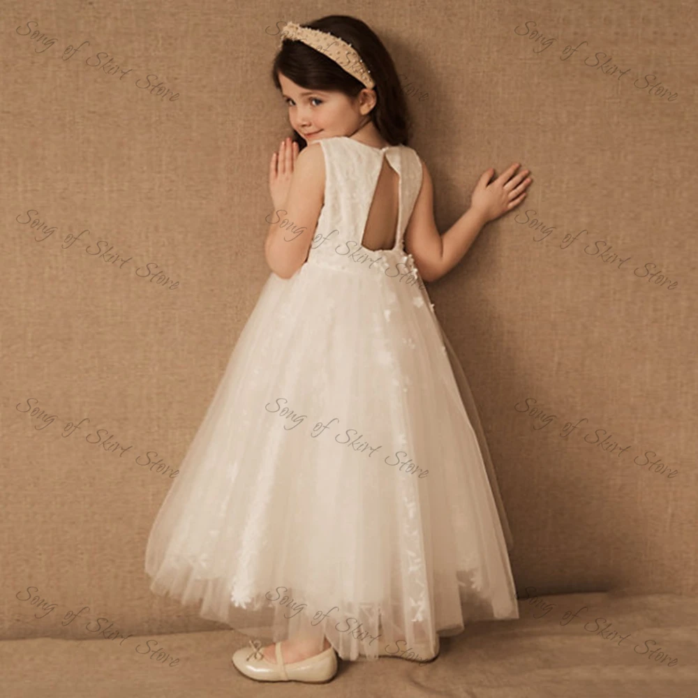 Customized Lovely O-Neck A-Line Flower Gril Dresses Lace Appliques Beading Tulle First Communion Dress Kids Wedding Party Ball G