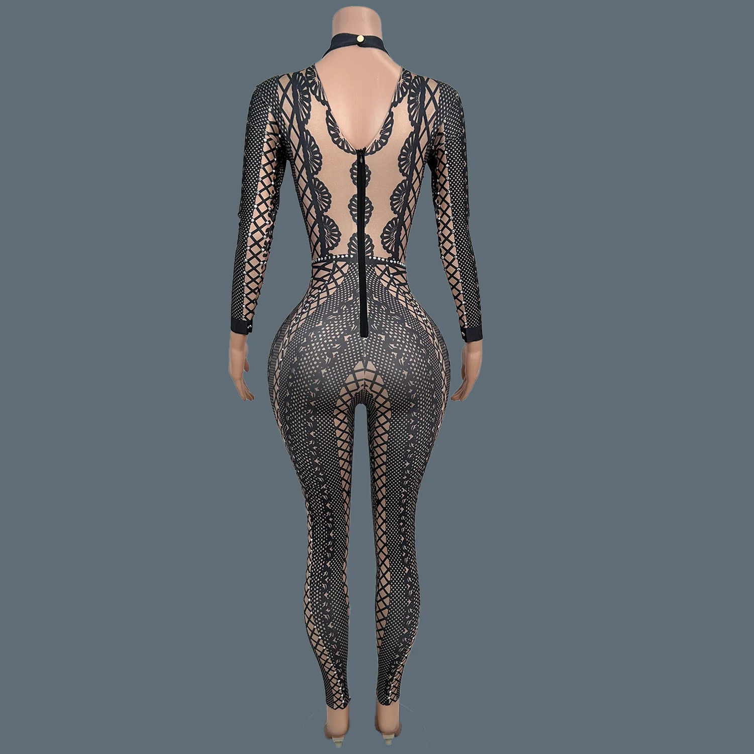 الطباعة السوداء حجر الراين دنة ضيقة بذلة سيدة ملهى ليلي سحب الملكة أداء ارتداء الرقص تظهر مثير الزي Lianti