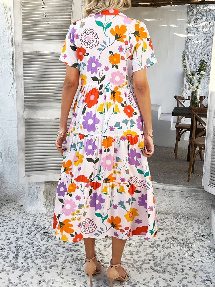 Sukienka koszulowa damska na lato 2025, w stylu boho, z wysokim stanem, kontrastowymi kolorami, modna, zapinana na guziki, z krótkim rękawem, na wakacje, codzienna, midi.