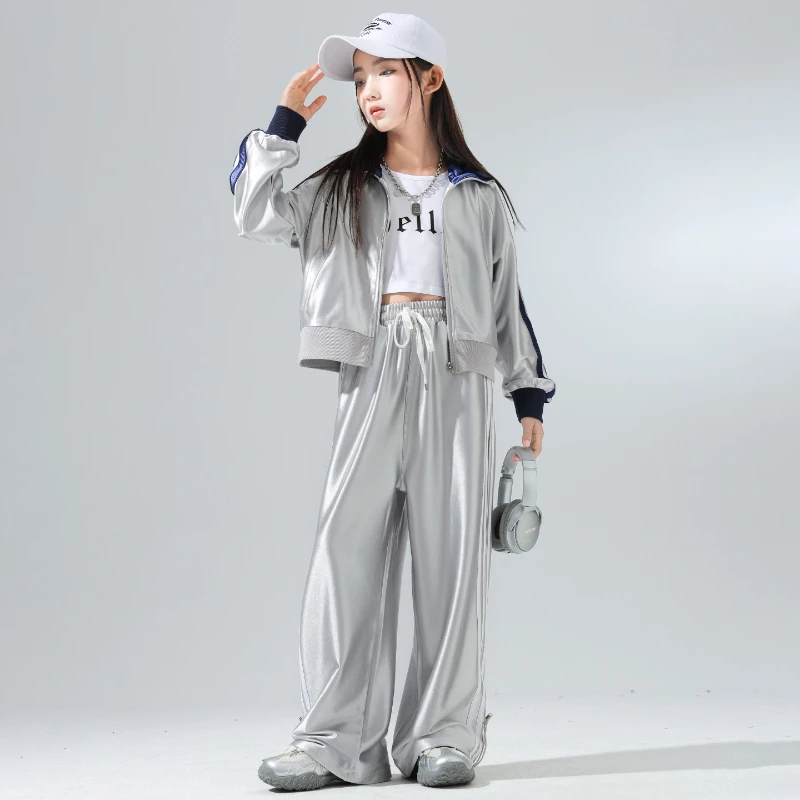 Mädchen Hip Hop Silber Jacke Baggy Hosen K-pop Mantel Kleidung Set Cool Street Dance Kostüm Gruppe Streetwear Jazz Bühne zeigen Outfit