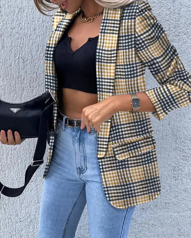 Blazer de manga larga con solapa para mujer, traje pequeño de Color liso con bolsillo Retro, chaqueta elegante para primavera y otoño, 2023