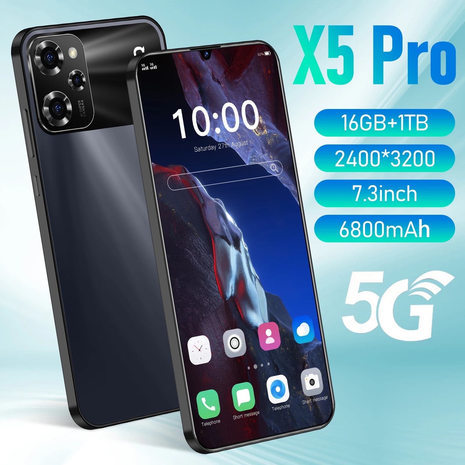 

Global Version X5 Pro Smartphone 5G 7.3 Inch 16GB RAM+1024GB ROM Snapdragon 8 gen2 108MP Camera 6800mah Android Mobile Phone