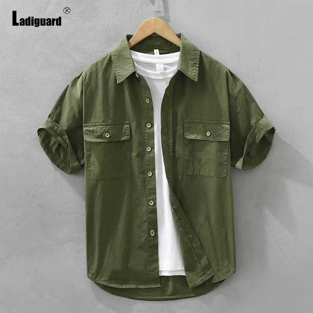 

Korean Minimalist Basic Shirts Blouse Men Vintage Tunic Wear 2024 Harajuku Fashion Tops Men's Casual Pocket Shirt blusas hommes