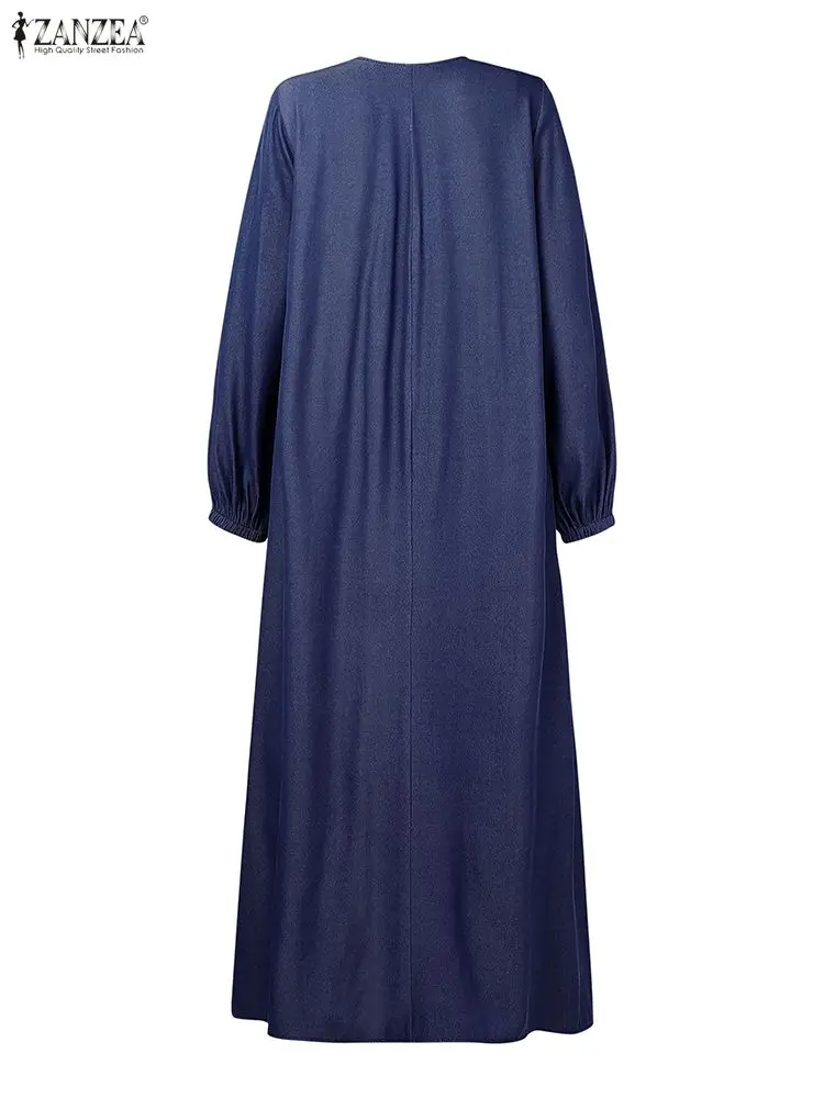 ZANZEA Denim-Like Casual Black Long Dresses Women's Loose O-Neck Lantern Sleeve Half-Buttons Maxi Dress Fall 2025 Woman Clothing