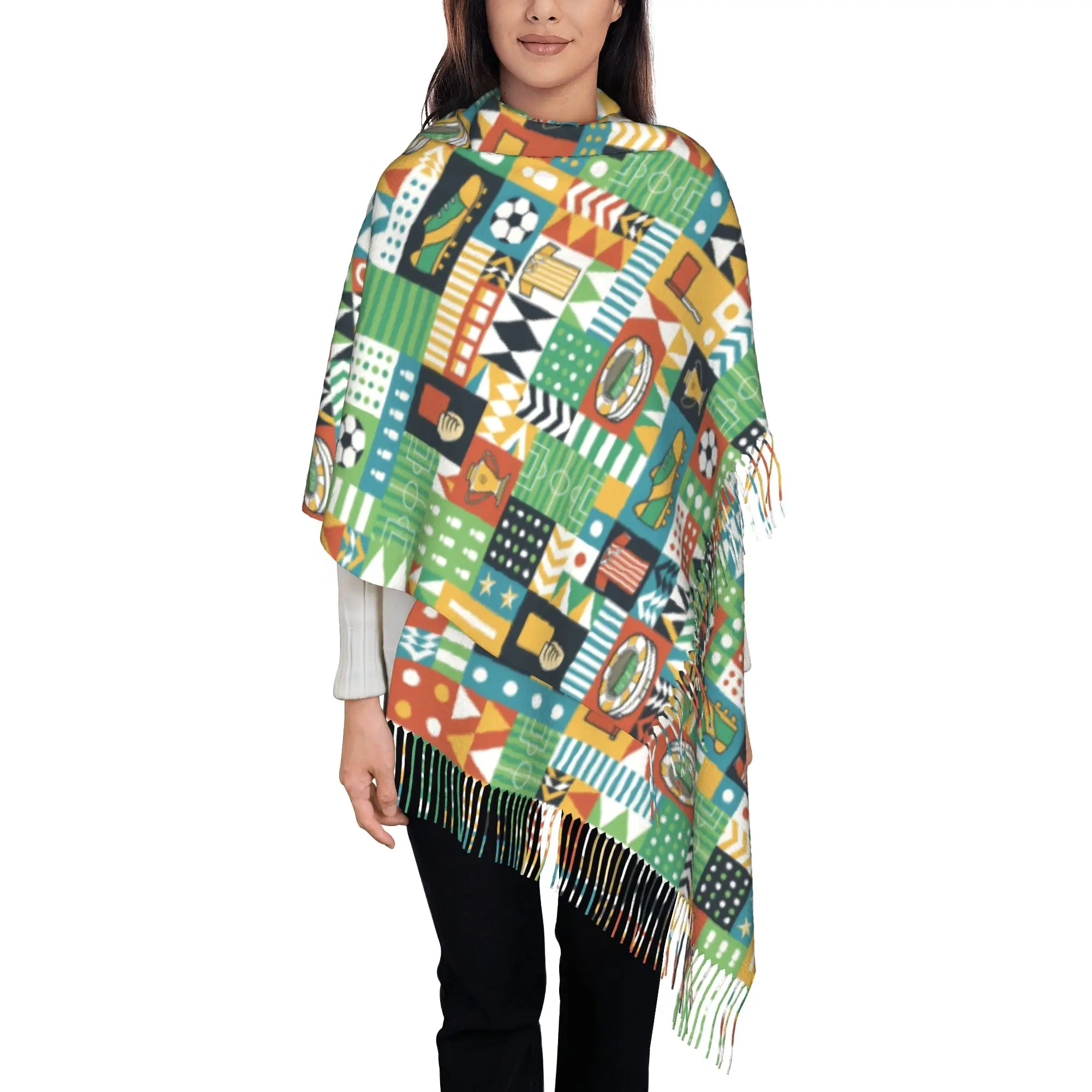 Custom Geometric Soccer Football Sport Patchwork Tassel Scarf Women Winter Fall Warm Shawls Wraps Ladies  Scarves