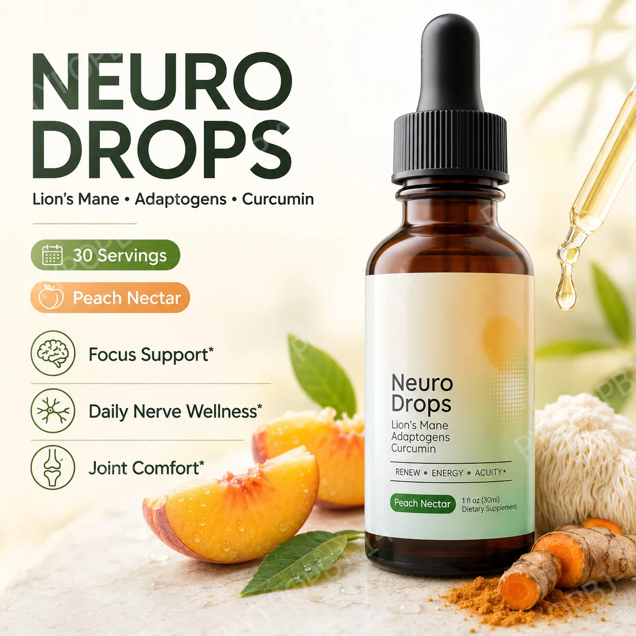 

Lion’s Mane Mushroom Liquid Drops with Turmeric Curcumin, Reishi Cordyceps Chaga Turkey Tail, Peach Flavor, 30 Servings