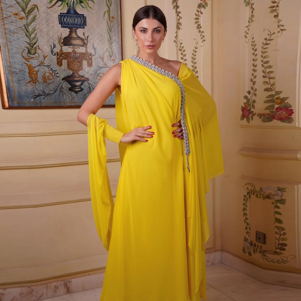 

ROSELLA Yellow Evening Gowns Saudi Arabia Crystal Asymmetrical Neck Kaftan Formal Dress Ankle Length Vestido De Festa New 2023