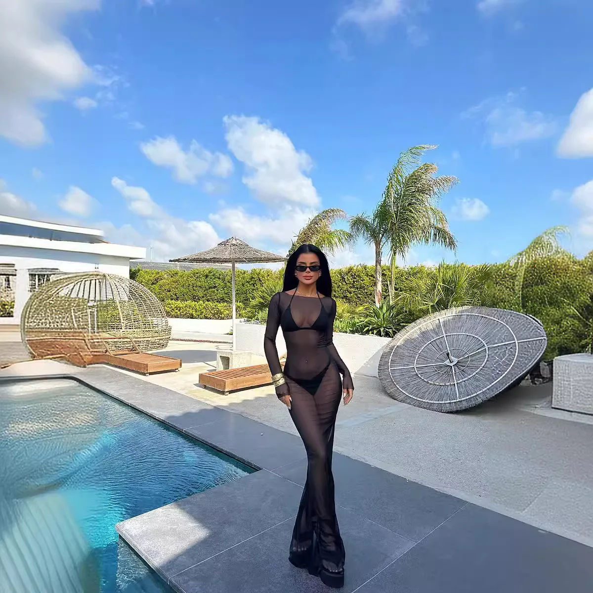 

2025 Summer New Sexy Women's Clothing Spice Girl Slim Mesh See-through Long-sleeved Long Dress