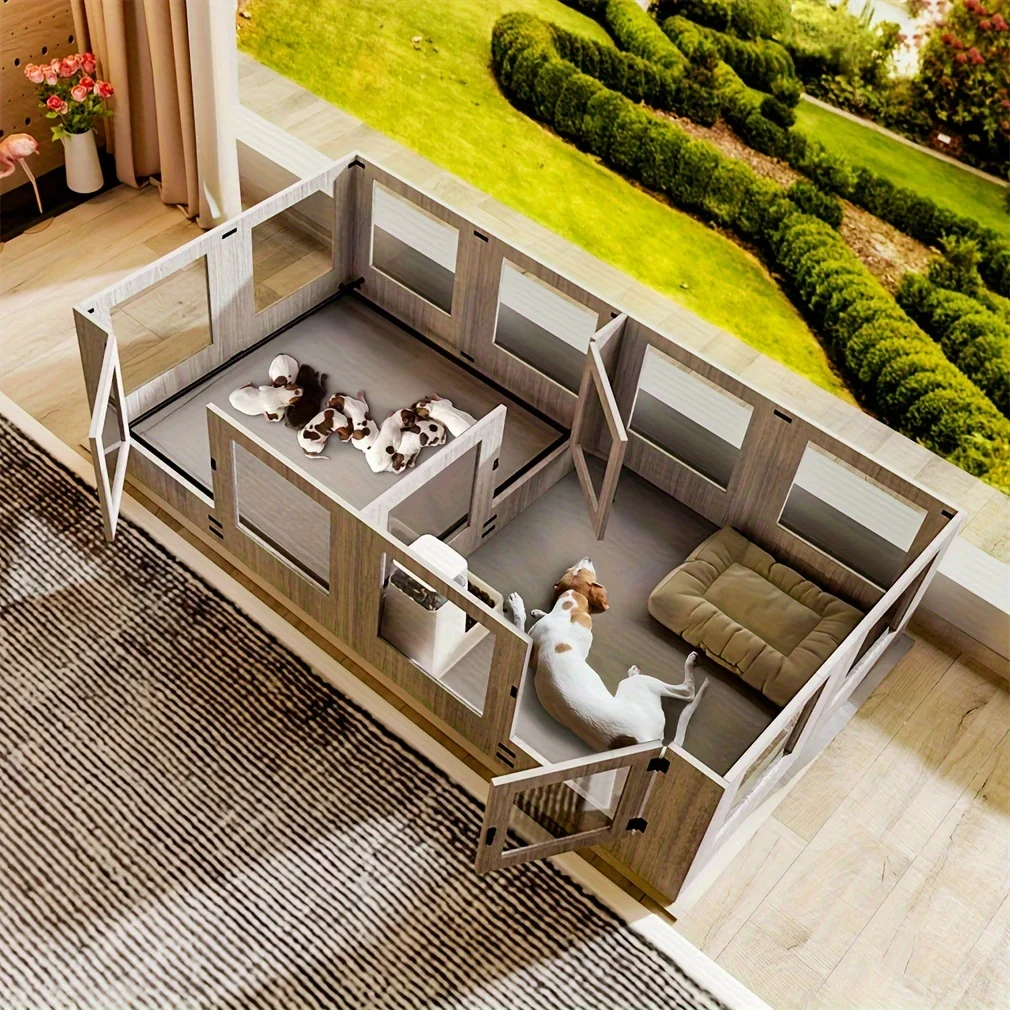 

XXL 14-Panel Dog Playpen & Whelping Box with Tempered Glass, Sturdy MDF Construction, and Safety Rails - Spacious Indoor/Outdoor