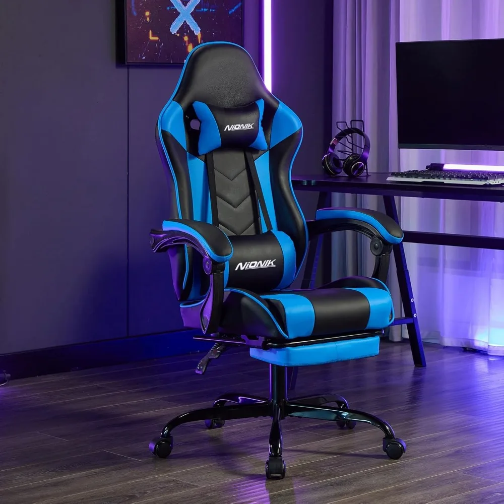 Gaming Chair with Footrest, Ergonomic Computer Chair with Headrest and Lumbar Support, PU Breathable Material Height Adjustable