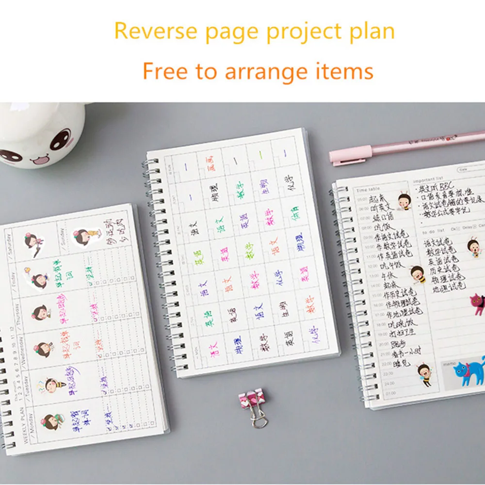 Plano semanal mensal Caderno espiral Material escolar Programação de memorando