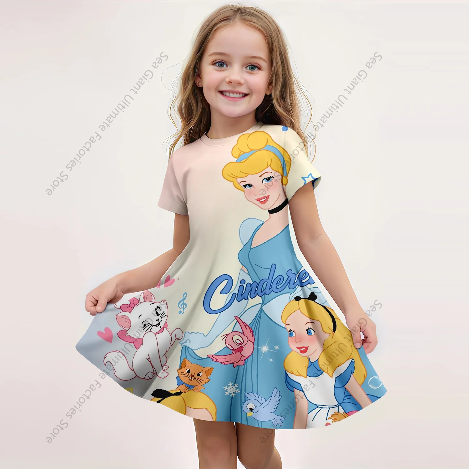 MINISO New Girls Summer Dress Fashion Cartoon Cute Princess Friend 3D Print Dresses Girls Short Sleeve Princess Party Clothing
