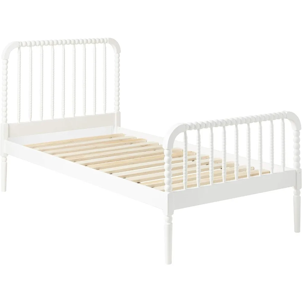 Jones Country Farmhouse Wood Jenny Lind Bobbin Twin Size Open Frame Fully Slatted Platform Bed FrameWhite 400415T