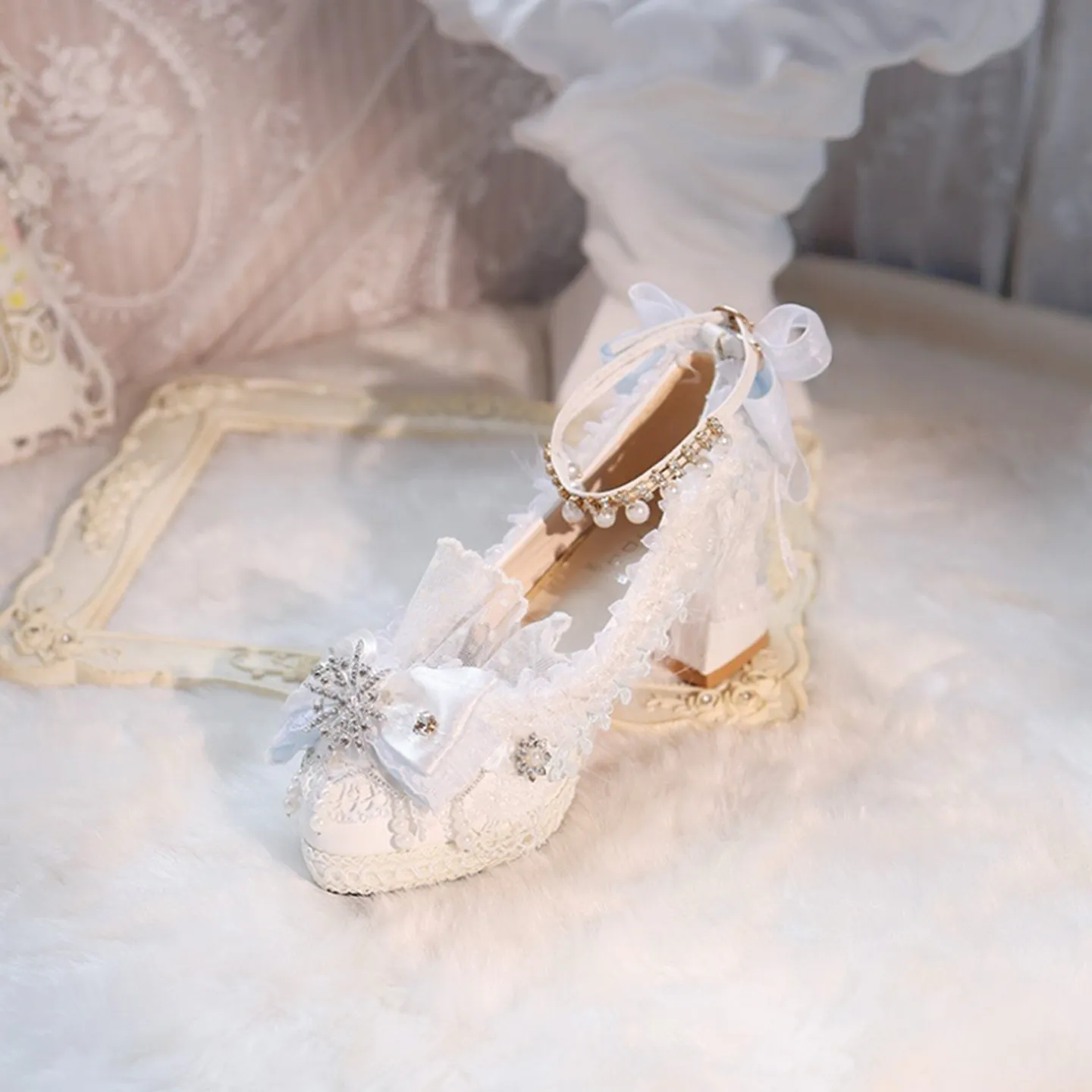 White Pink Lolita Wedding Heels Snowflake Bow Round Toe Shoes 5/8cm Heel Lace Ankle Strap Tea Party Pumps