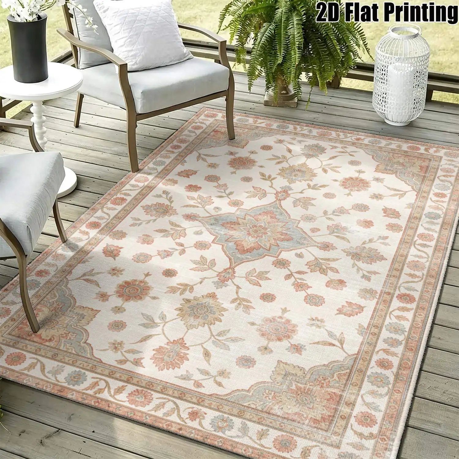 1Pc 2D Printed Beige Floral Retro Pattern Carpet: European/Bohemian Style, Machine Washable, Multi-Size, Ideal for Home Decor, Entryway, Living Room, Bedroom, Dining Room, Foyer