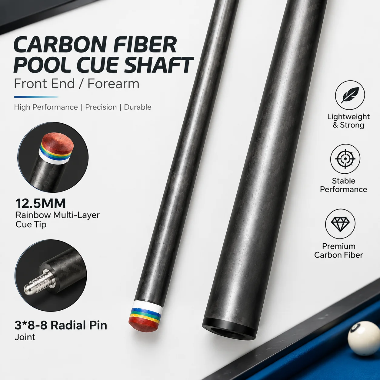 12.5mm Low Deflection Carbon Fiber Pool Cue Shaft Accelerated Pro Taper 3/8-8 Joint Billiard Forearm with Tip