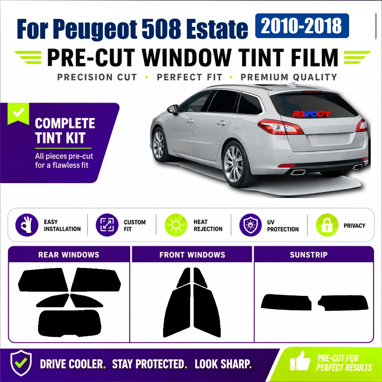 For Peugeot 508 Estate 2010-2018 Front Rear Side Window Privacy Tint Film DIY Install Kit