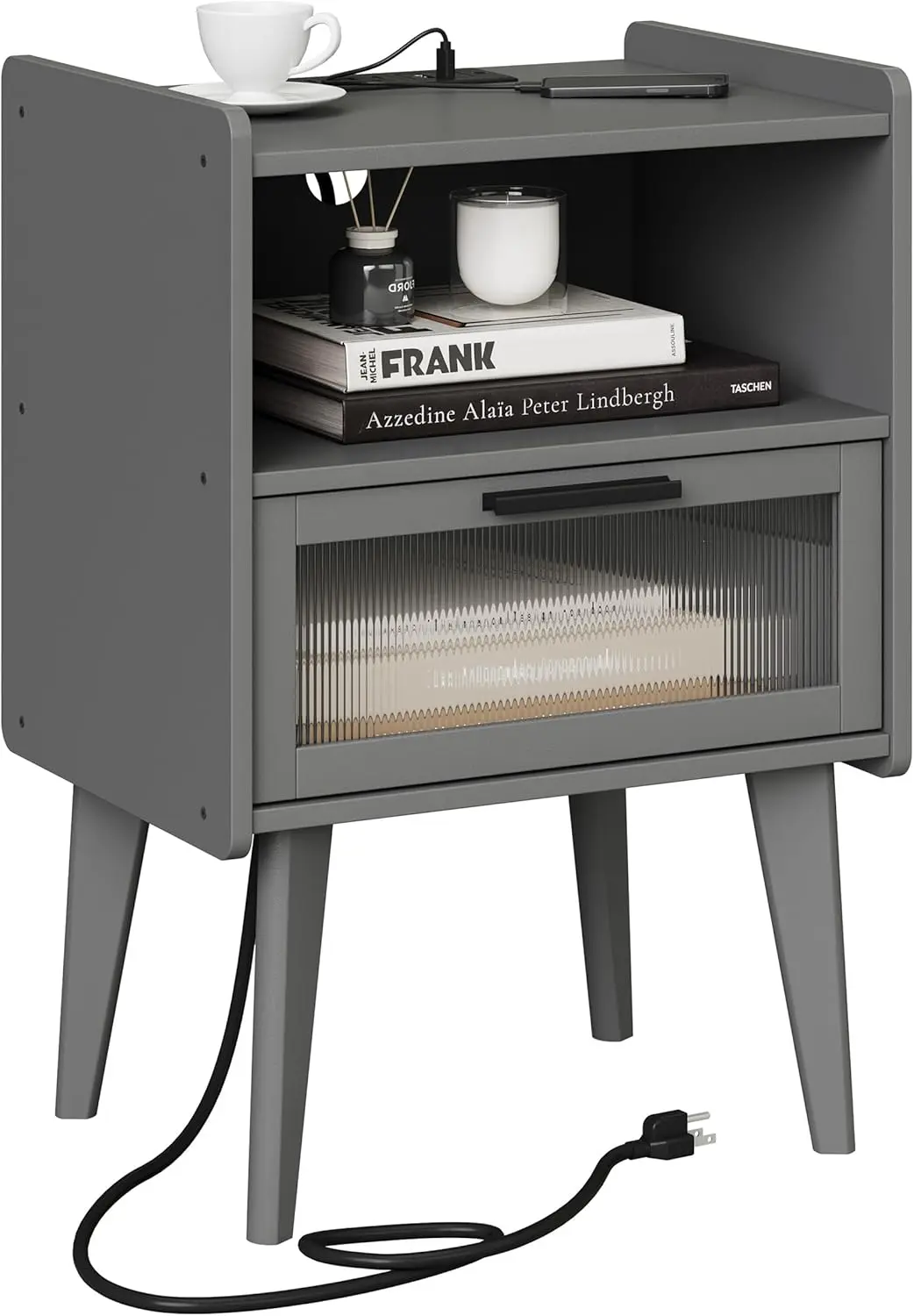 

Nightstand with Charging Station, Bedside Tables Grey End Table Side Table with 2 Tiers Storage Space, for Bedroom Living Roo