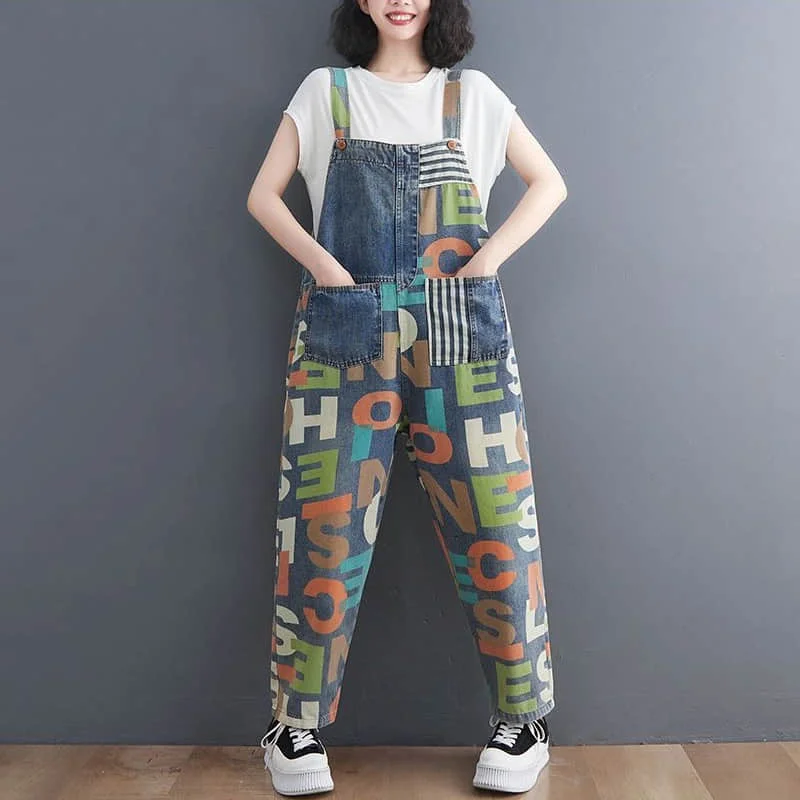 

Denim Jumpsuits Female Casual Loose Harem Pants Letter Printing Korean Style Vintage Rompers One Piece Outfits Women Clothing