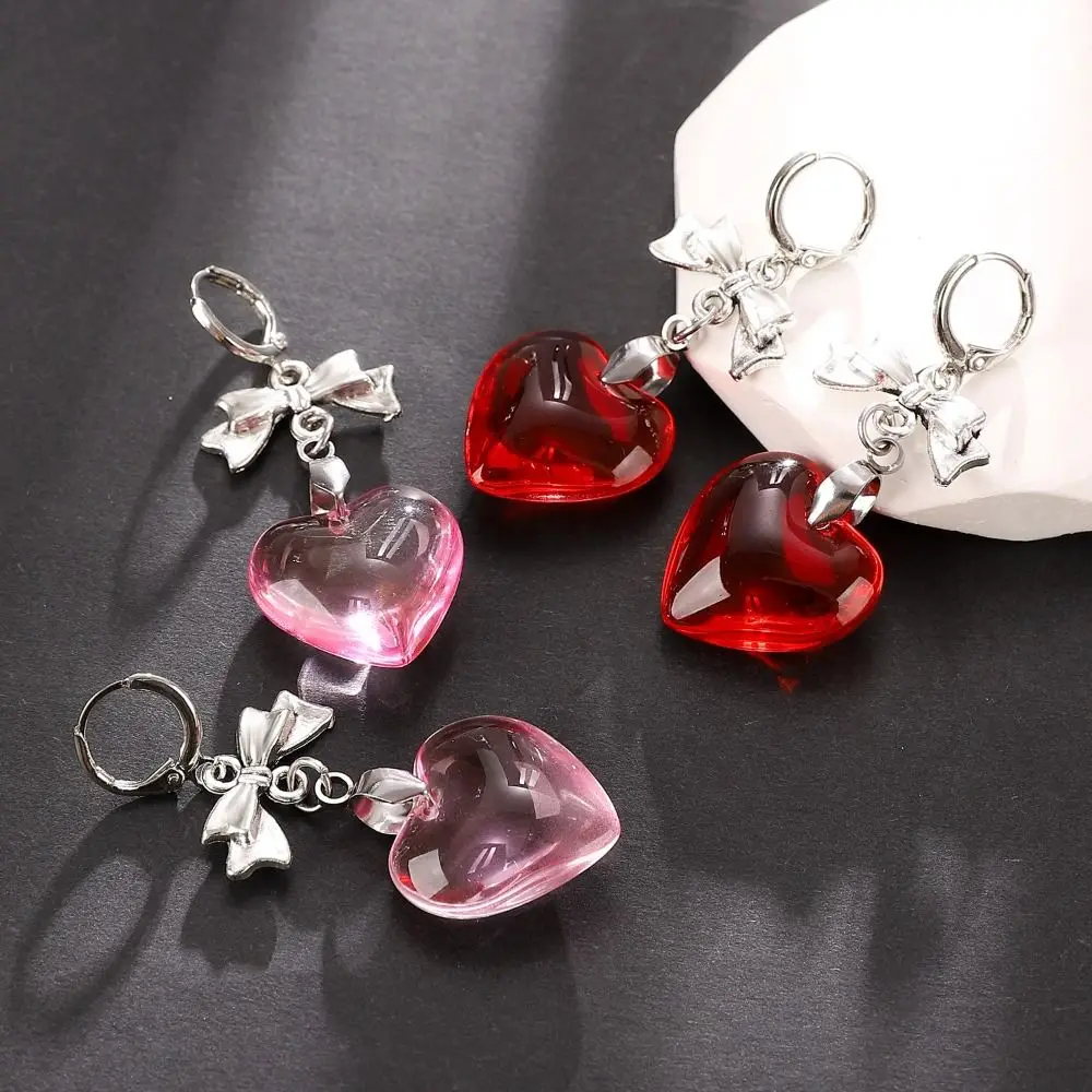 Bow Tie Love Heart Hoop Earring Y2K Gothic Love Heart Ear Charms Korean Style Transparent Red Pink Heart Shaped Earrings Girls