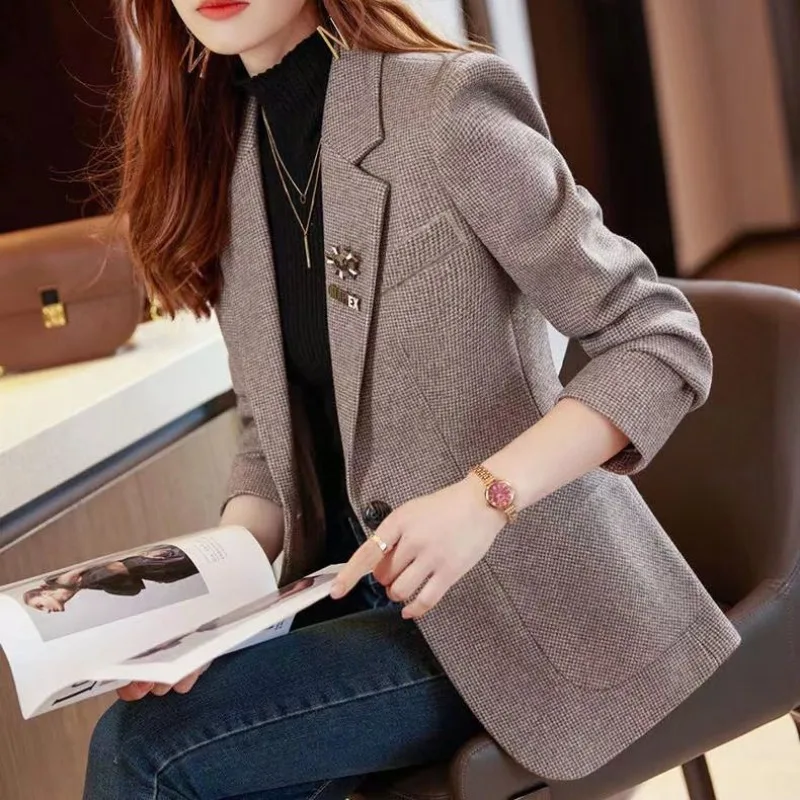 Plaid Blazer Korean Style Retro Casual Women's Clothing Long-sleeved Versatile Top