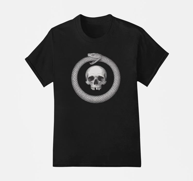 Ouroboros Skeleton Goth Alchemy Symbol T-shirt Death and Rebirth Serpentine Ring Esoteric Men's and Women's Dark Tops