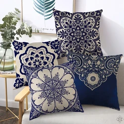 Rich Floral Pillow Covers Navy Blue White Chinoiserie Durable Bohemian Decor for Living Room, Bedroom Cushion Cases