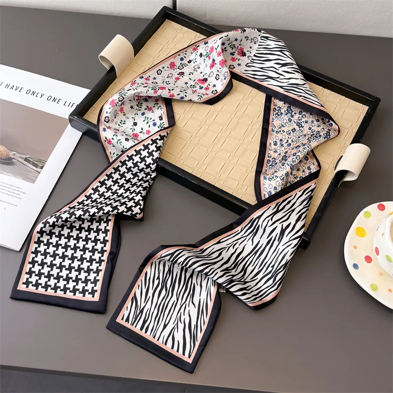New floral double-layer scarf ribbon tie packaging decorative neckerchief small long hairband silk scarf women's printed narrow