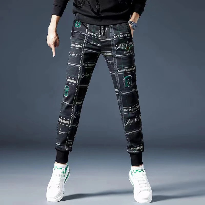 

Повседневные мужские эластичные брюки, осень-зима, модный принт, облегающие длинные брюки, универсальные молодежные брюки из полиэфирного волокна