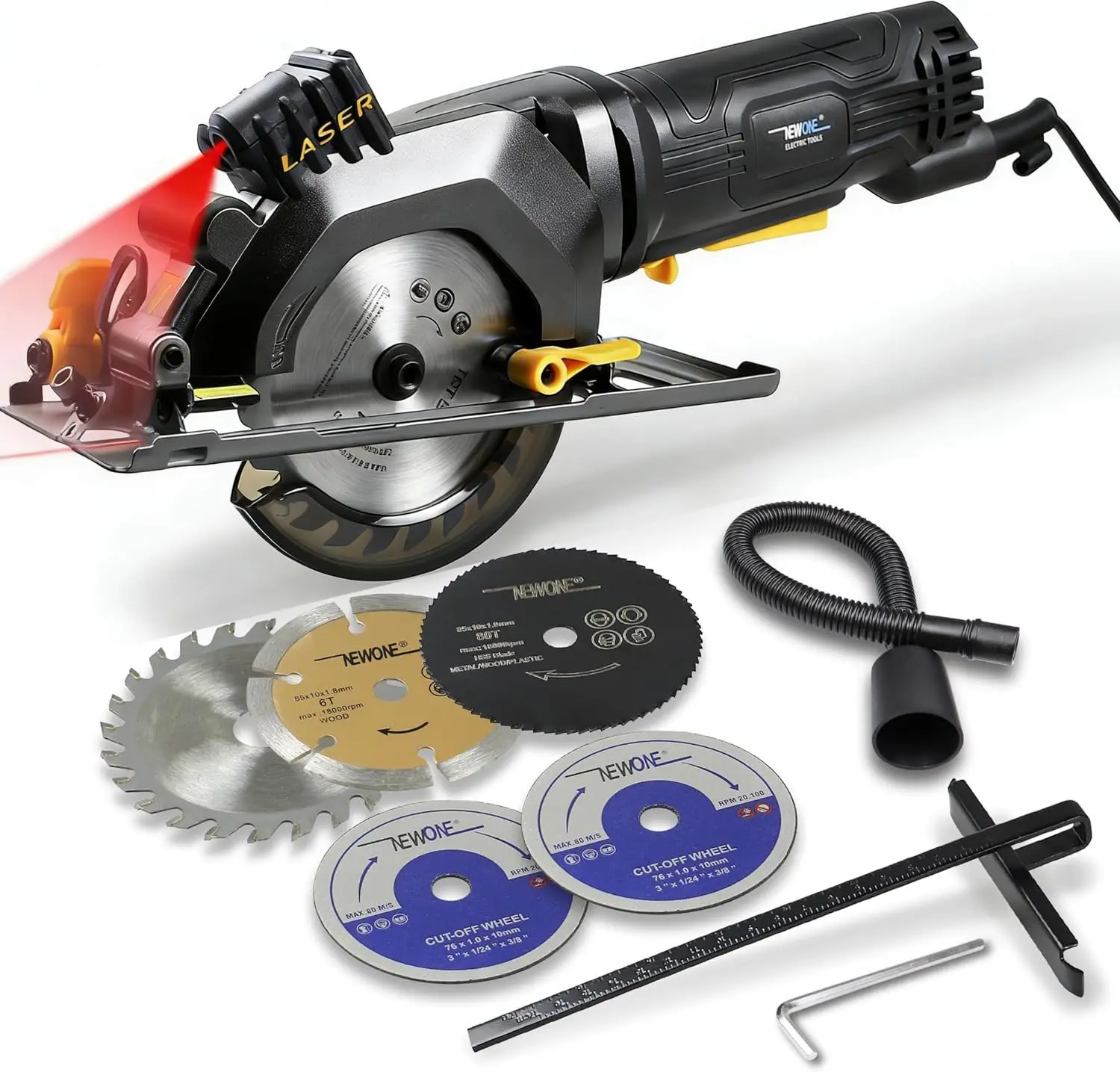 

Мини-циркулярная пила 4,5 А с лазерной направляющей, 3500 об/мин, регулируемая глубина и угол наклона для резки дерева, металла, плитки