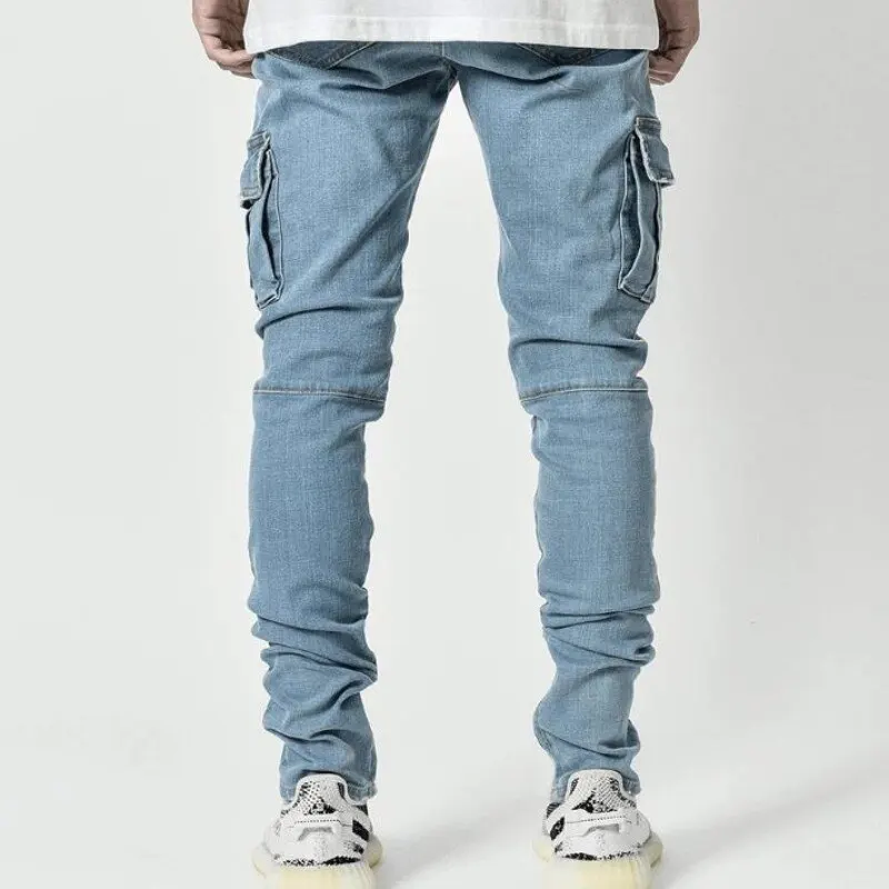 Men's Jeans Solid Color Casual Trousers Worn Out Large Size Non-Fading Clothing Slim Fit Tight Micro-Elastic Cargo Fat