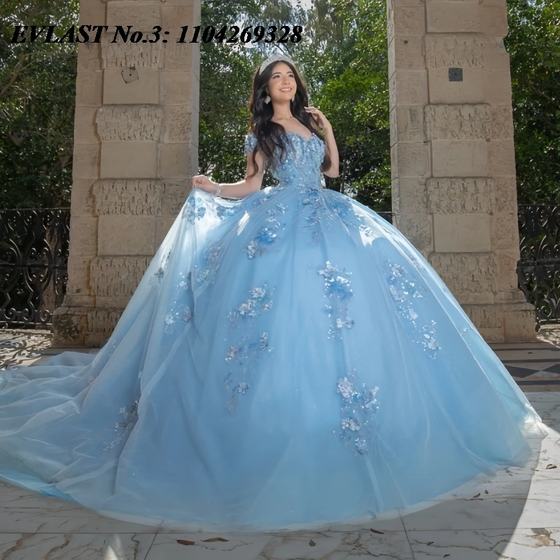 

EVLAST индивидуальное небесно-голубое платье принцессы Quinceanera, бальное платье с 3D цветочной аппликацией и бисером, Sweet 16, Vestidos De 15 Anos E3Q694