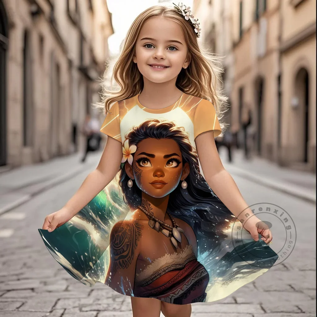 

Summer New Children's Clothing 3D Printed Romantic Moana Cute Girl Short-Sleeved Dress 3-14 Years Old Kids Performance Clothing