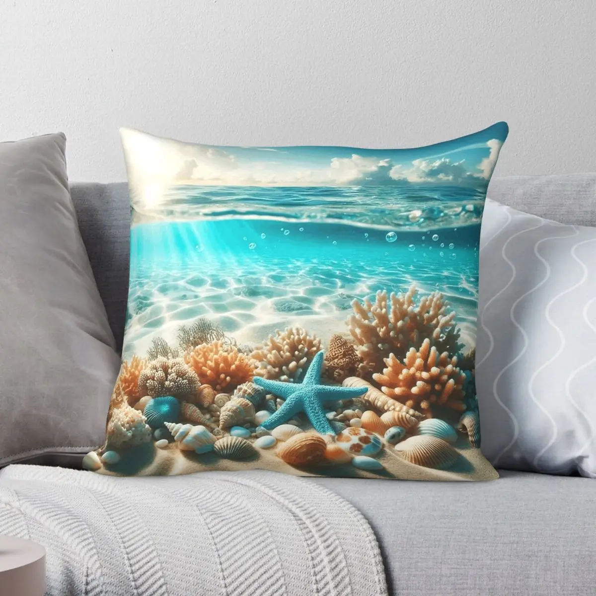 Sea Shells Beach Clear Waters Square Pillowcase Polyester Linen Velvet Pattern Zip Decorative Throw Pillow Case Car Cover 45x45