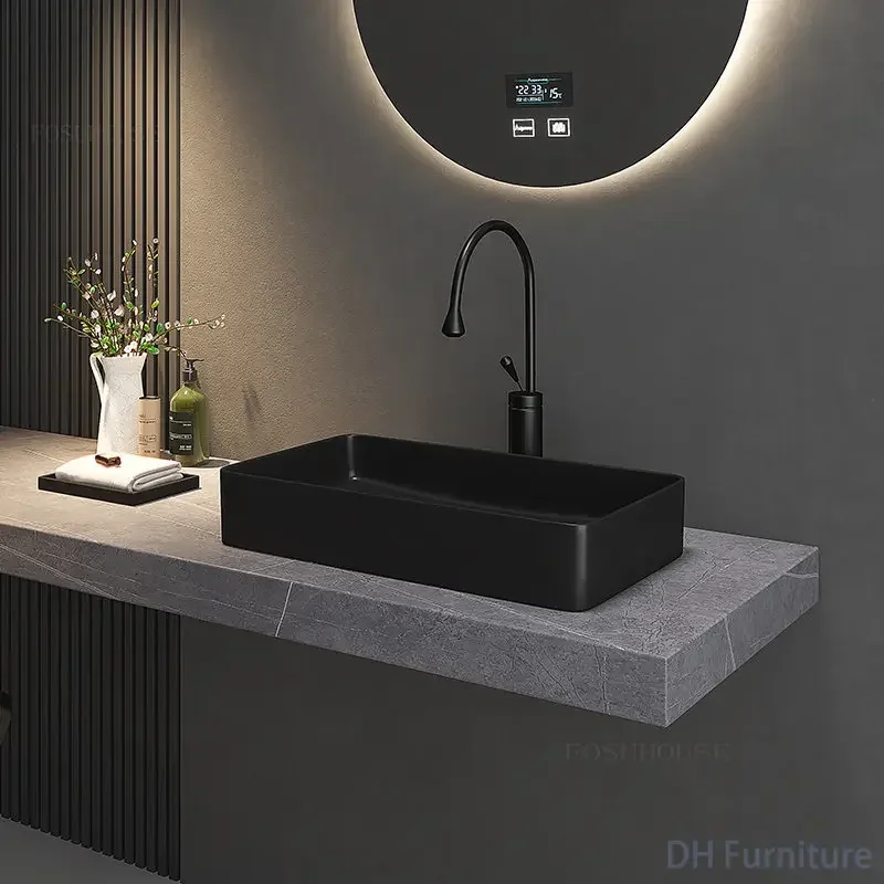 

Nordic Bathroom Sink Gray Ceramic Countertop Basin Nordic Minimalist Square Washbasin Household Balcony Single Basin Washbasin Z