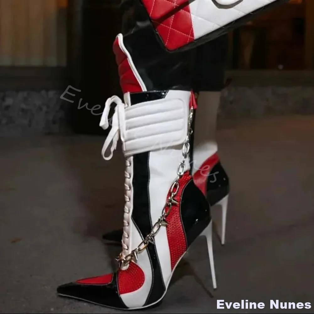 

Oversized Mixed Colors Lace-up Motorcycle Boots Women High Heels Fashionable Sports Style Ankle Boots Stiletto Heel Long Boots