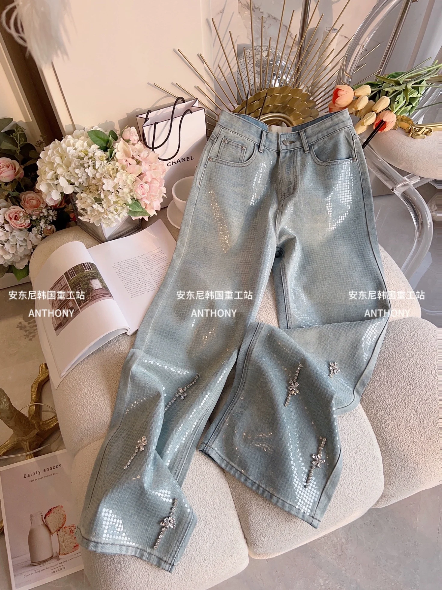 Retro Washed Jeans for Women 2024 Spring New Exquisite Rhinestone High Waist Slim Elegant Leisure Rhinestone Straight-Leg Pants