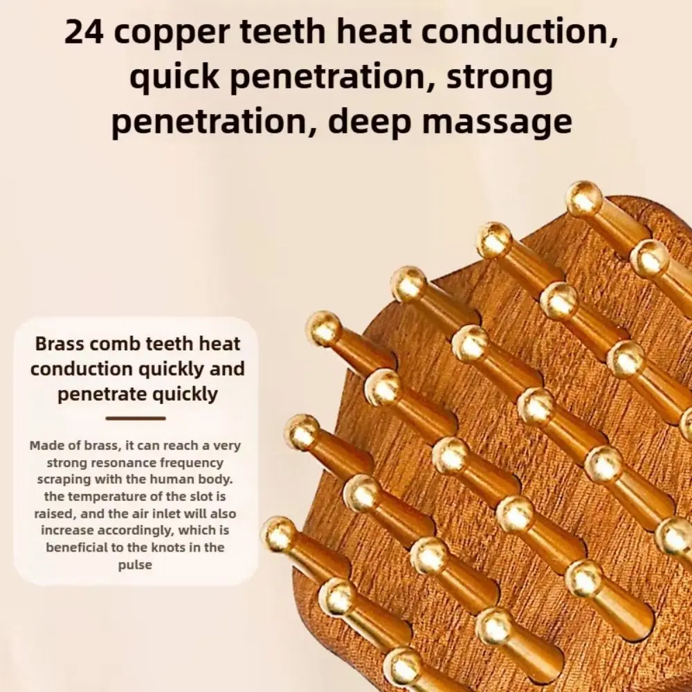 

Portable Wood Massage Brush Copper Head 24 Teeth Meridian Massager Skin Scraping Comfortable Brass Gua Sha Massage Tool