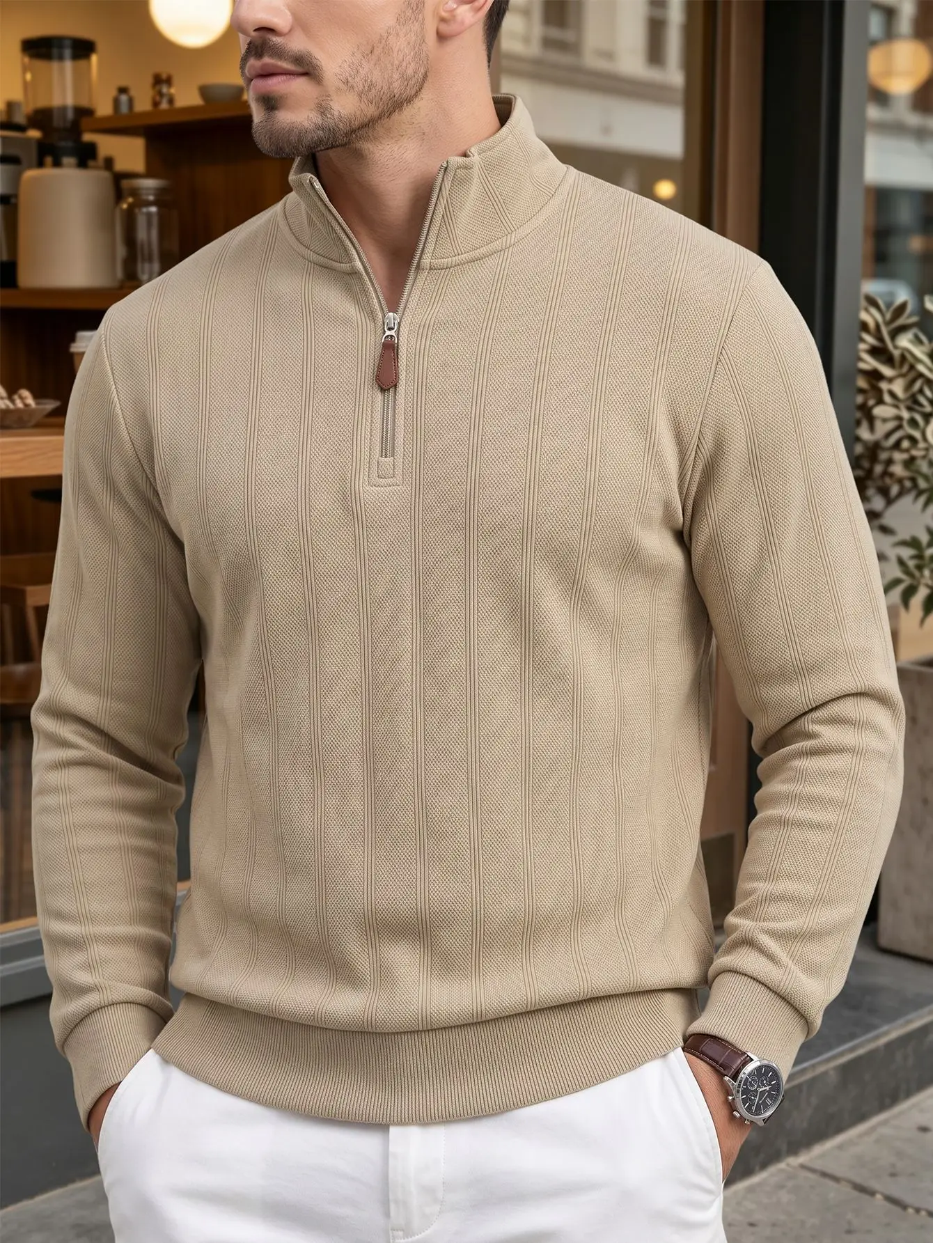 Men Vertical Striped Quarter Zip Pullover Stand Collar Long Sleeve Tops Textured Casual Business Sweatshirt Autumn Winter Daily