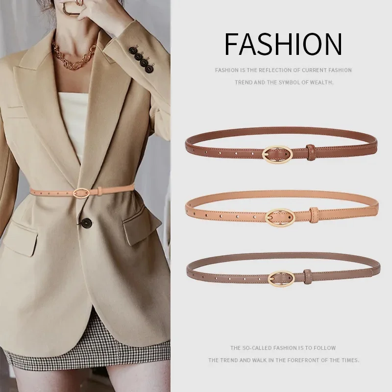 New Korean Ins Style Small Genuine Leather Belt Ladies Golden Oval Buckle Retro Suit Dress Decorative Belt Designer Luxury Belt