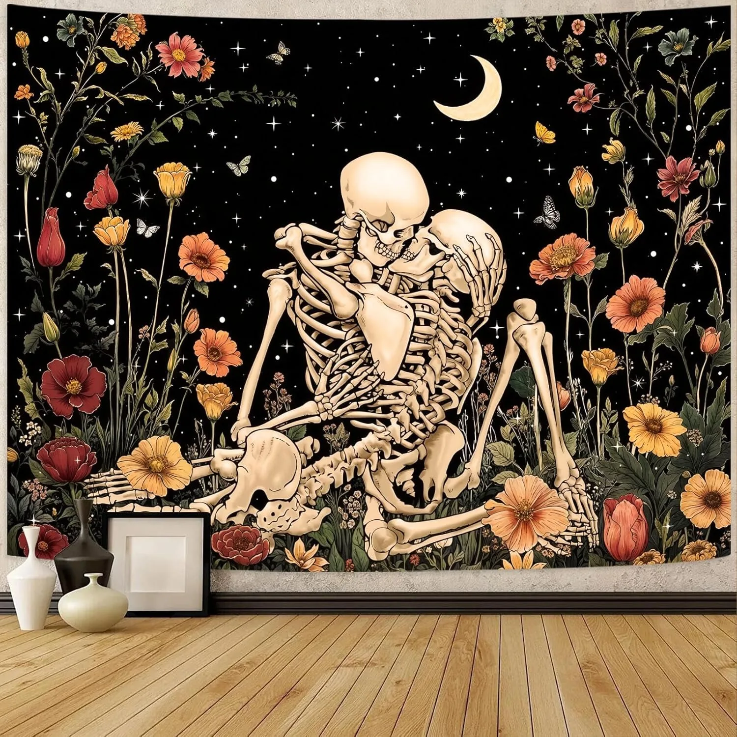Accnicc Wandteppich für Sonne und Mond für Schlafzimmer, Hippie, Boho, Blumenmuster, Blumenpflanze, Wandteppich, ästhetischer Vintage-Galaxie, himmlischer Stern