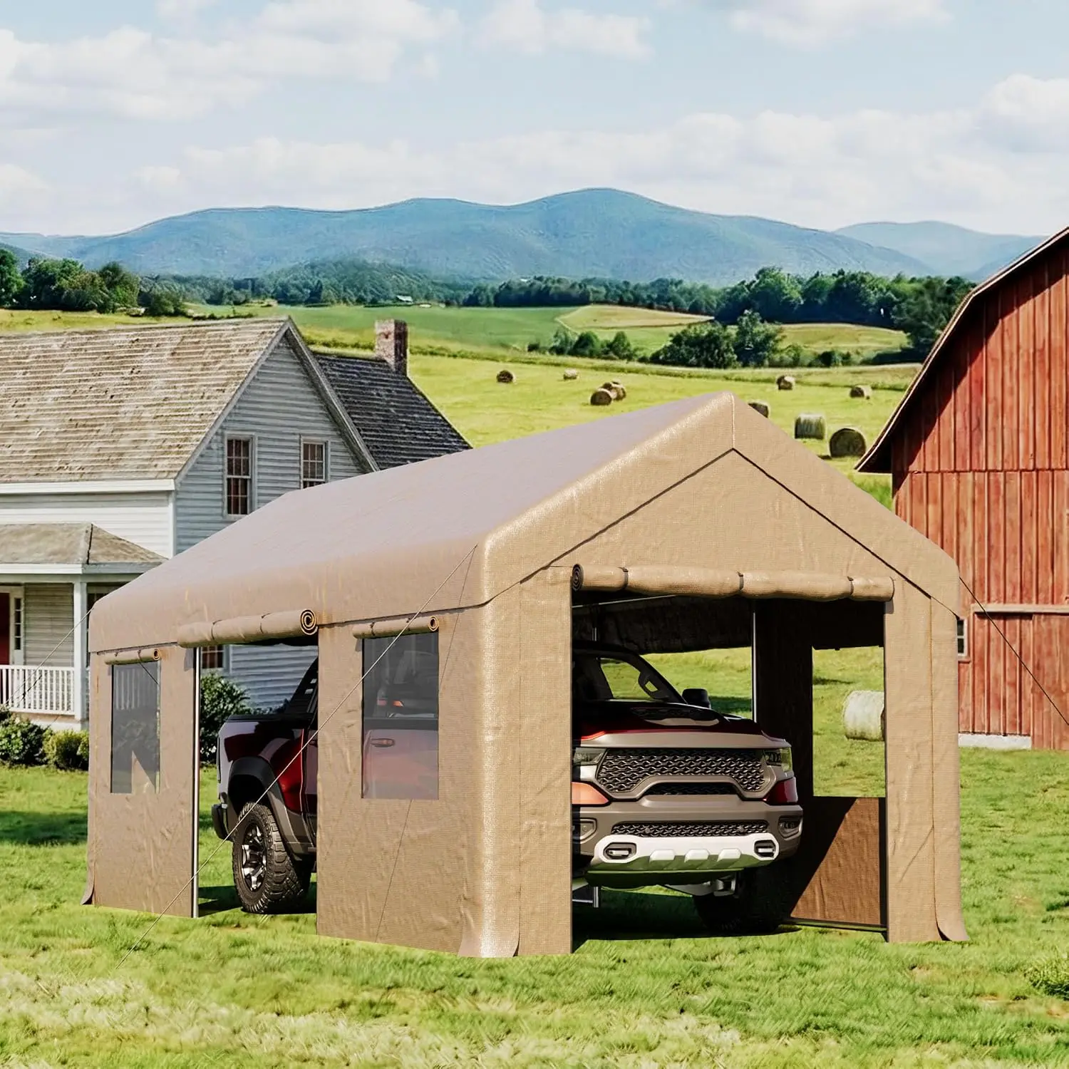 10'×20' Gable Roof Carport Shelter | Removable Walls, Heavy Canopy, Weatherproof Cover, Vehicle Shed, Backyard Farm, Customized